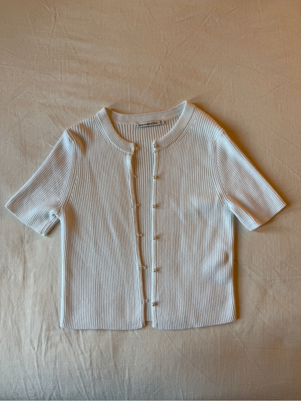 A&F Pearl-Button Short Sleeve Cardigan in White